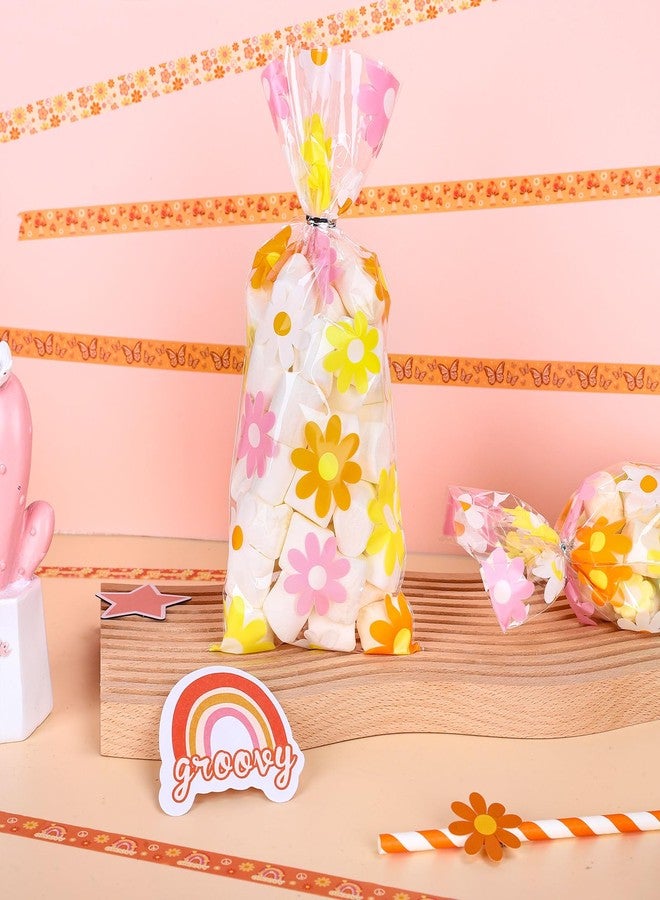 Whaline 100Pcs Groovy Daisy Cellophane Bags with Silver Twist Ties Retro Hippie Boho Party Treat Bag Colorful Flower Plastic Goodie Bags for Daisy Flower Birthday Baby Shower Wedding Party Favor - Image 4